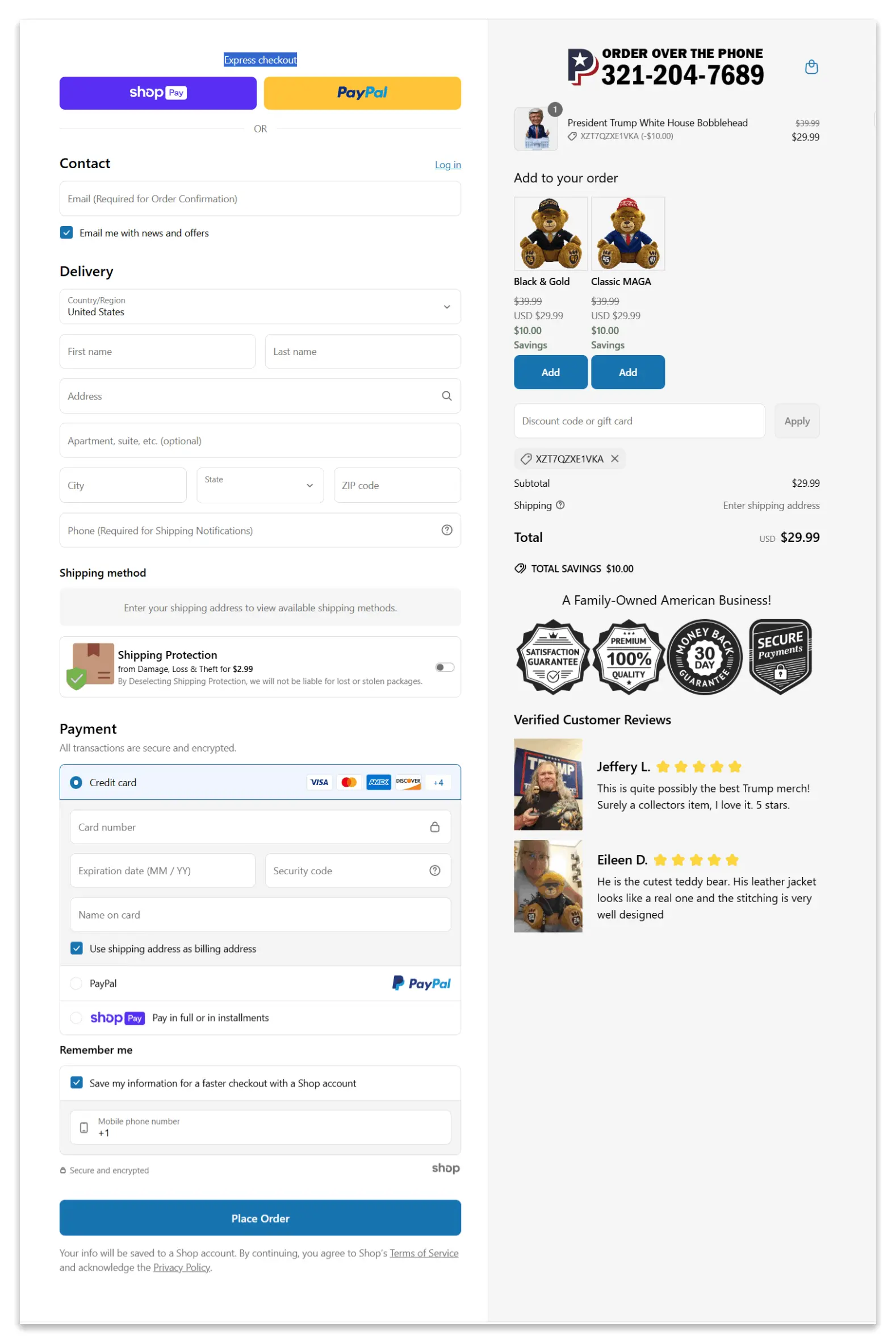 Trump Bobblehead secure checkout page